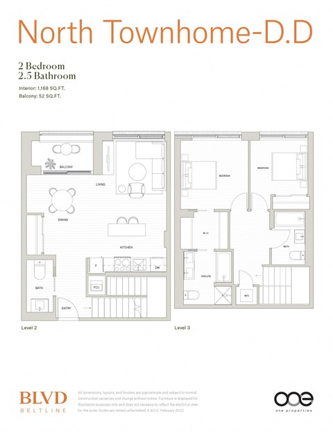 Floor plan for 2 beds, 2.5 baths, 1163 sqft